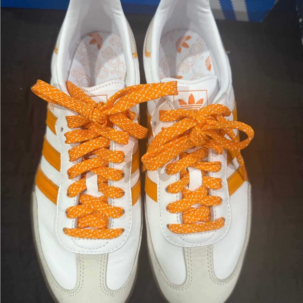 Adidas White Sneakers with Orange Stripes